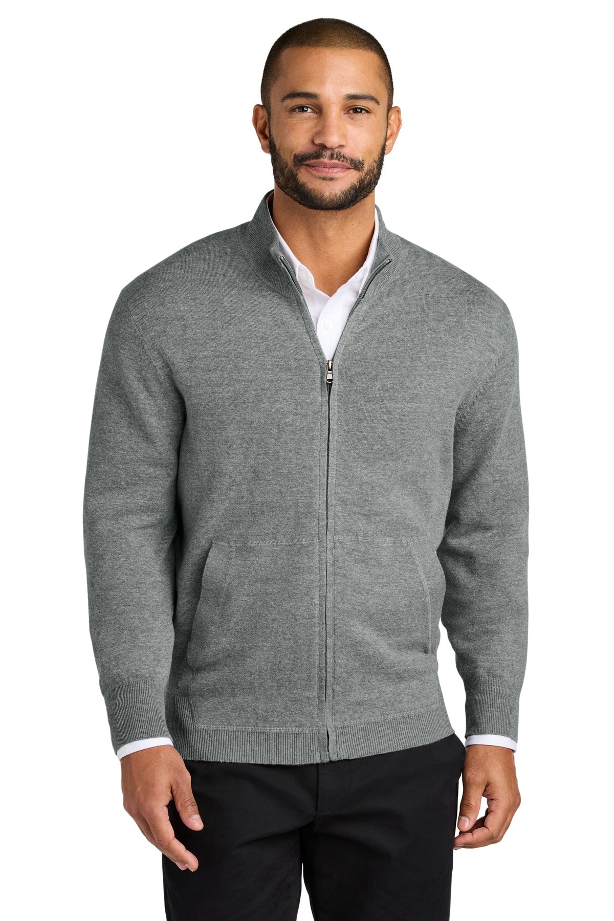 Front View of MdHtGrey Port Authority Easy Care Full-Zip Sweater SW2901