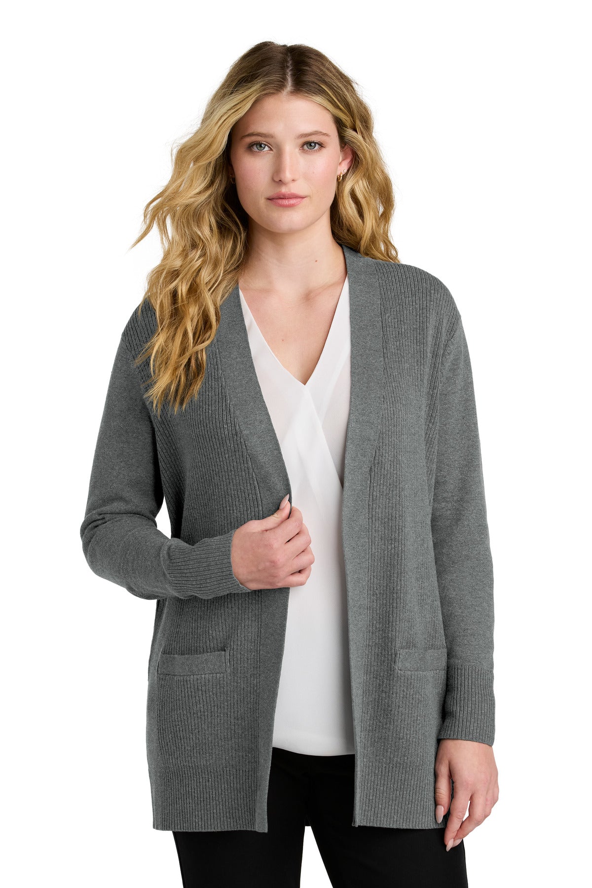 Front View of MdHtGrey Port Authority Women's Easy Care Open-Front Cardigan Sweater LSW2890