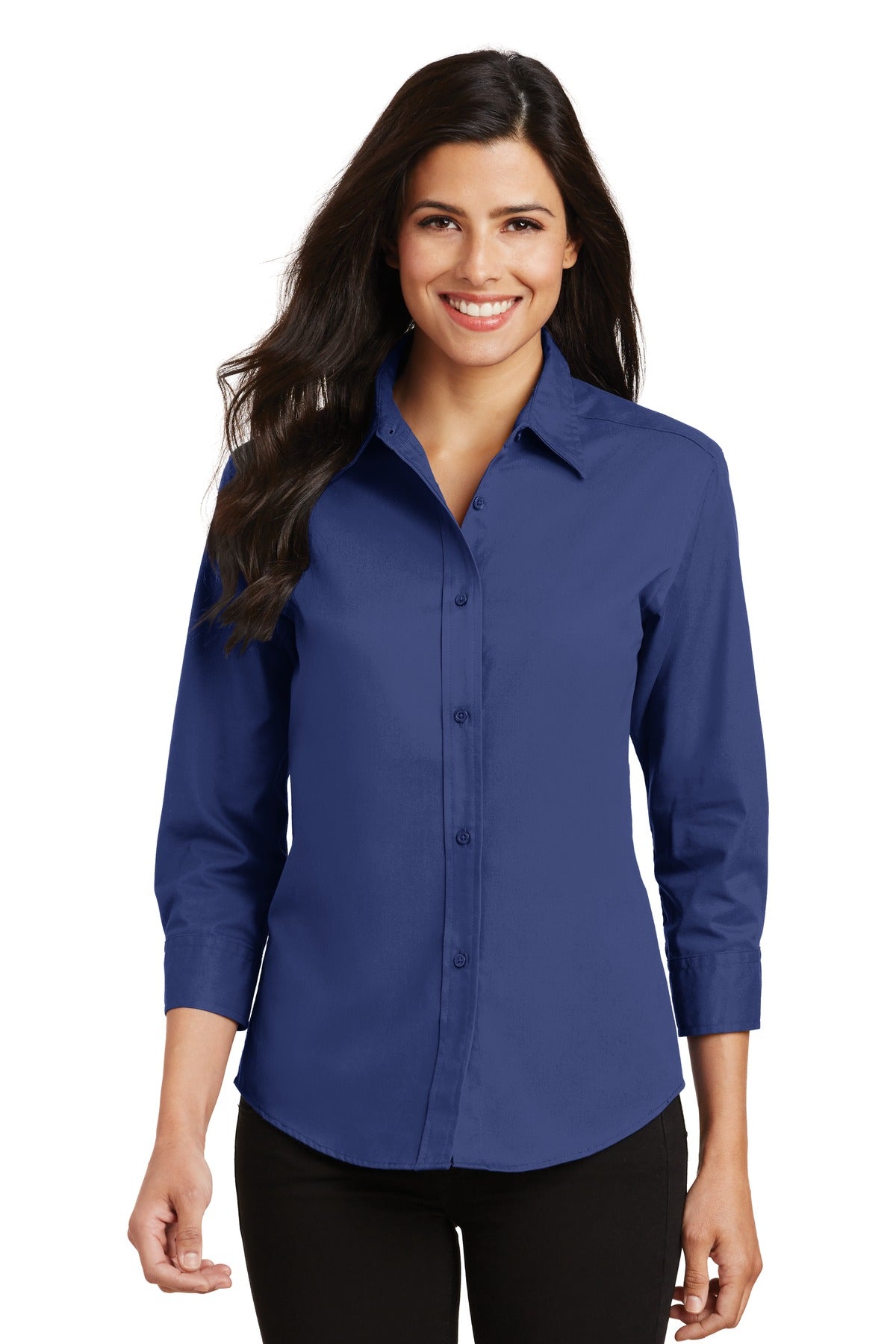Front View of Med. Blue Port Authority Women's 3/4-Sleeve Easy Care Shirt. L612
