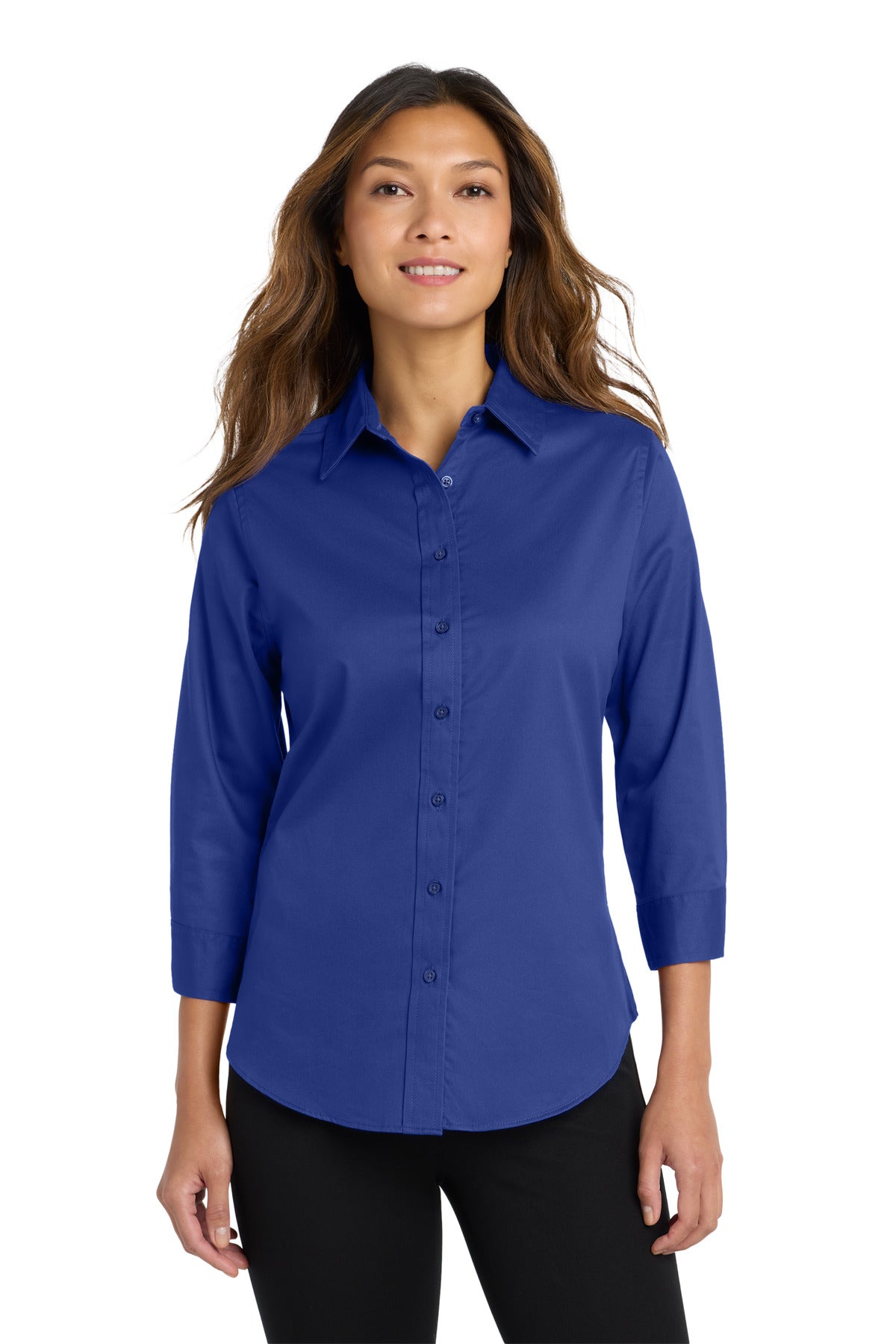 Front View of Med. Blue Port Authority Women's 3/4-Sleeve Easy Care Shirt. L612