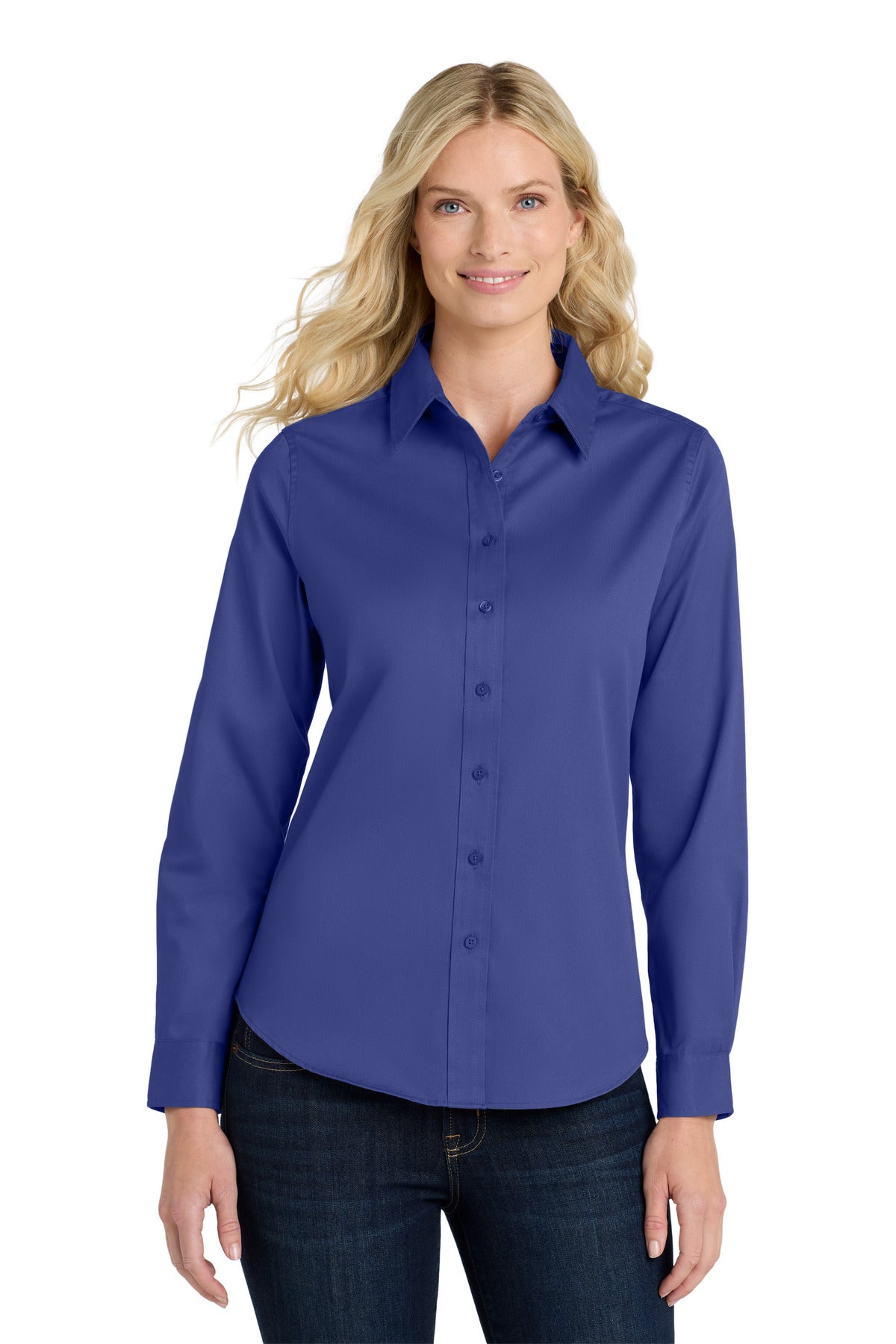 Front View of Medit. Blue Port Authority Women's Long Sleeve Easy Care Shirt. L608
