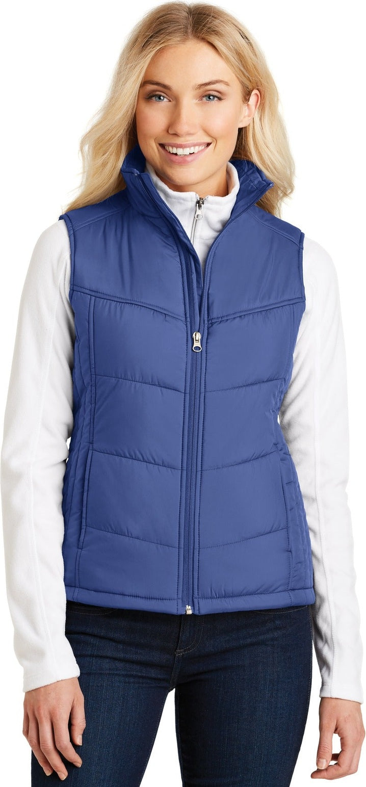 Front View of Medit Blue Port Authority Women's Puffy Vest. L709