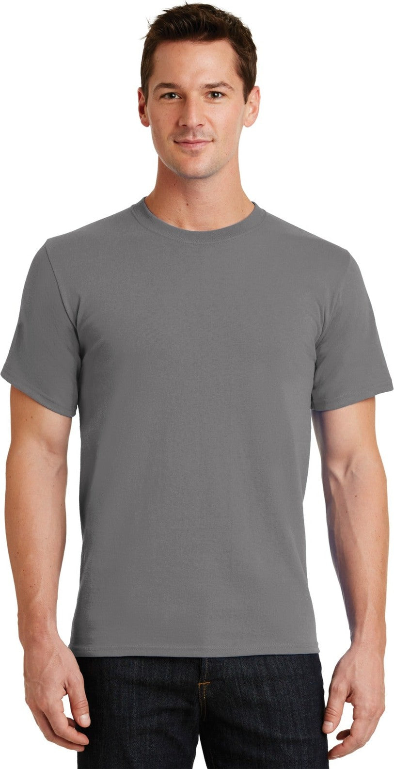 Front View of Medium Gray Port & Co Essential Tee. PC61
