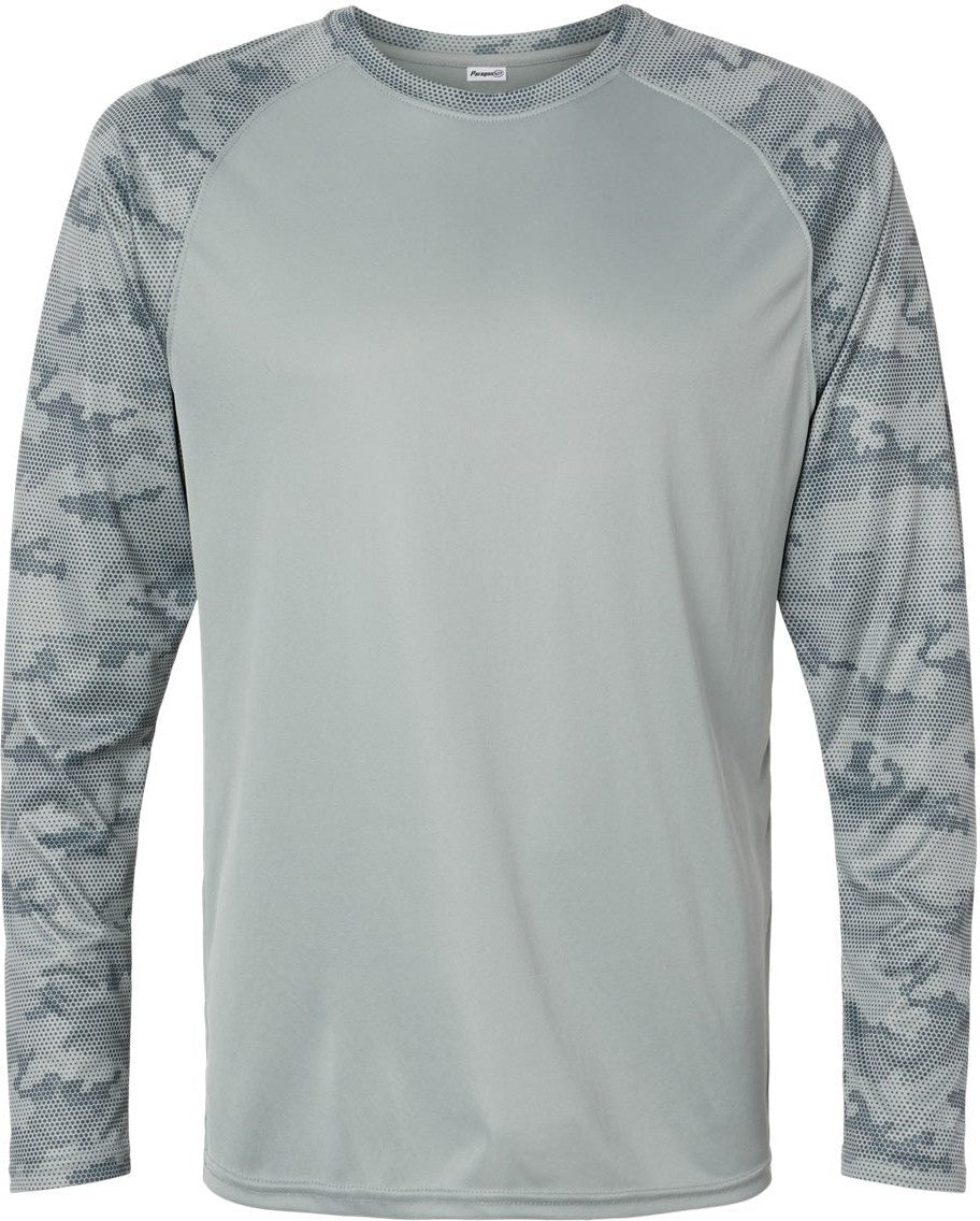 Front View of Medium Grey Cayman Performance Camo Colorblocked Long Sleeve T-Shirt - 216