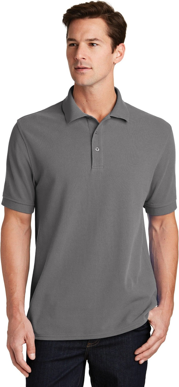 Front View of Medium Grey Port & Co Combed Ring Spun Pique Polo. KP1500
