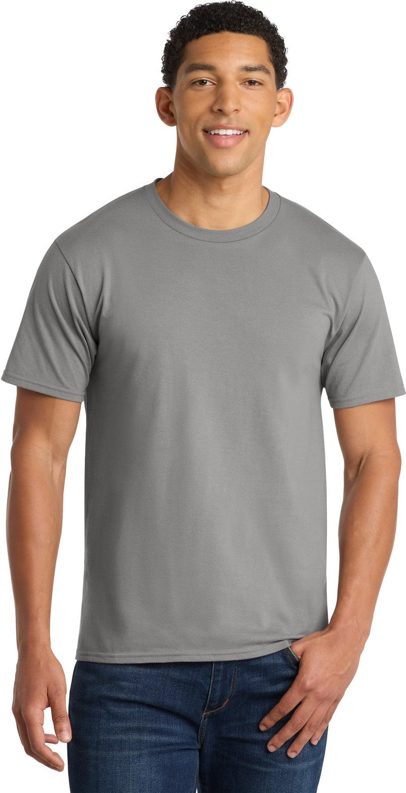 Front View of Medium Grey Port & Co Fan Favorite Tee. PC450