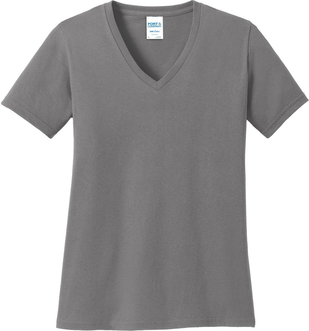 Front View of Medium Grey Port & Co Women's Core Cotton V-Neck Tee. LPC54V