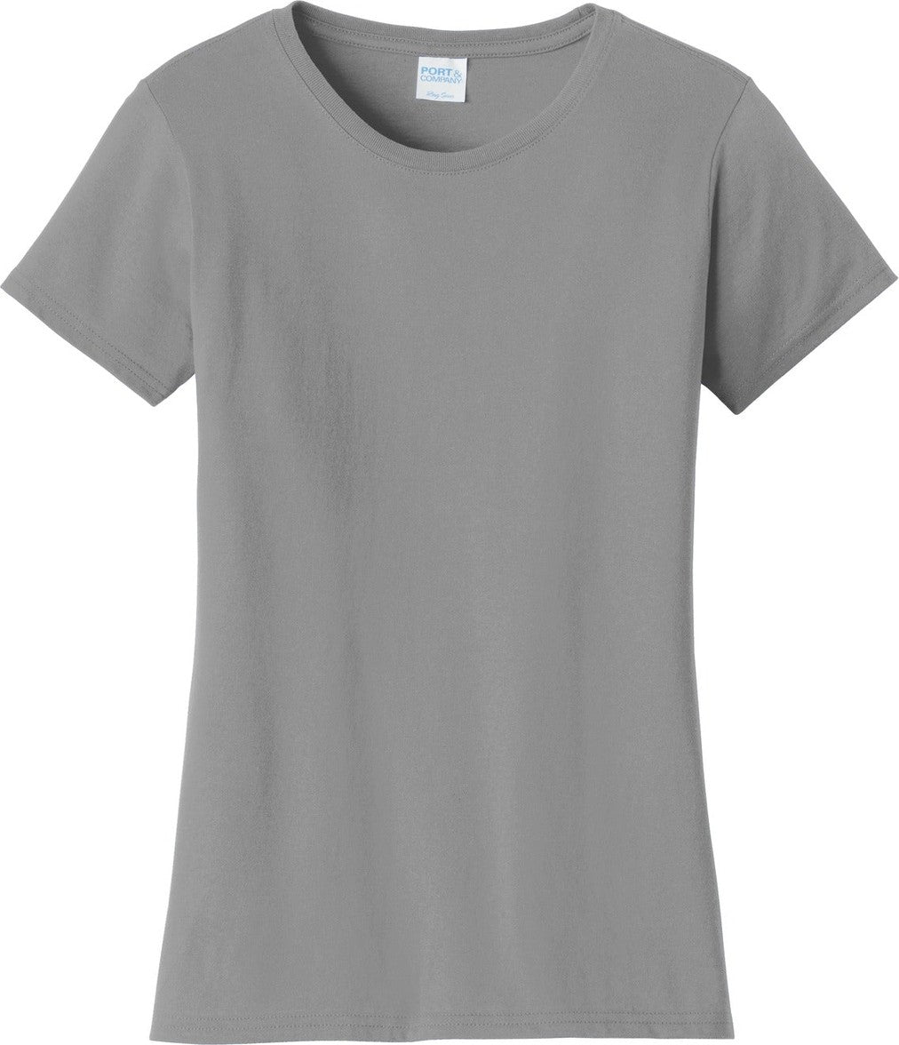 Front View of Medium Grey Port & Co Women's Fan Favorite Tee. LPC450