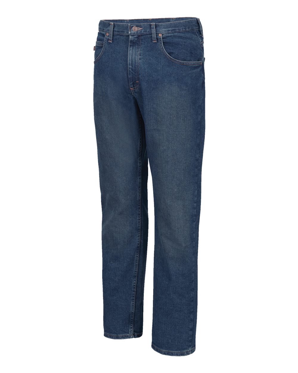 Front View of Medium Wash - Unhemmed Dura-Kap Flex Work Jeans - PD90