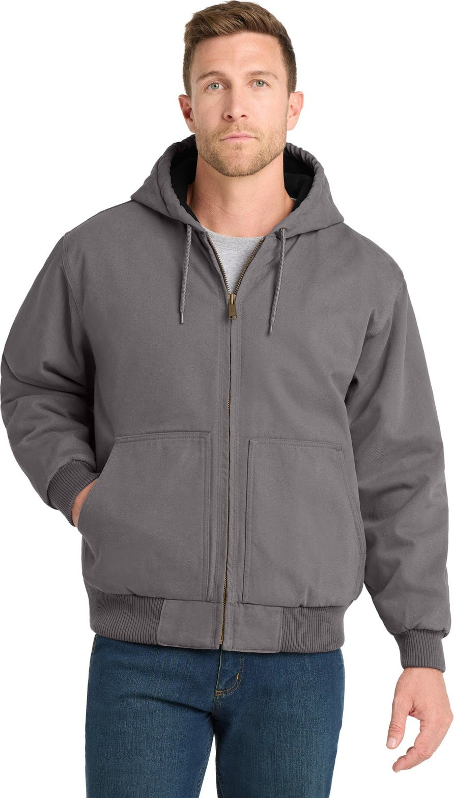 Front View of Metal Grey CornerStone Washed Duck Cloth Insulated Hooded Work Jacket. CSJ41