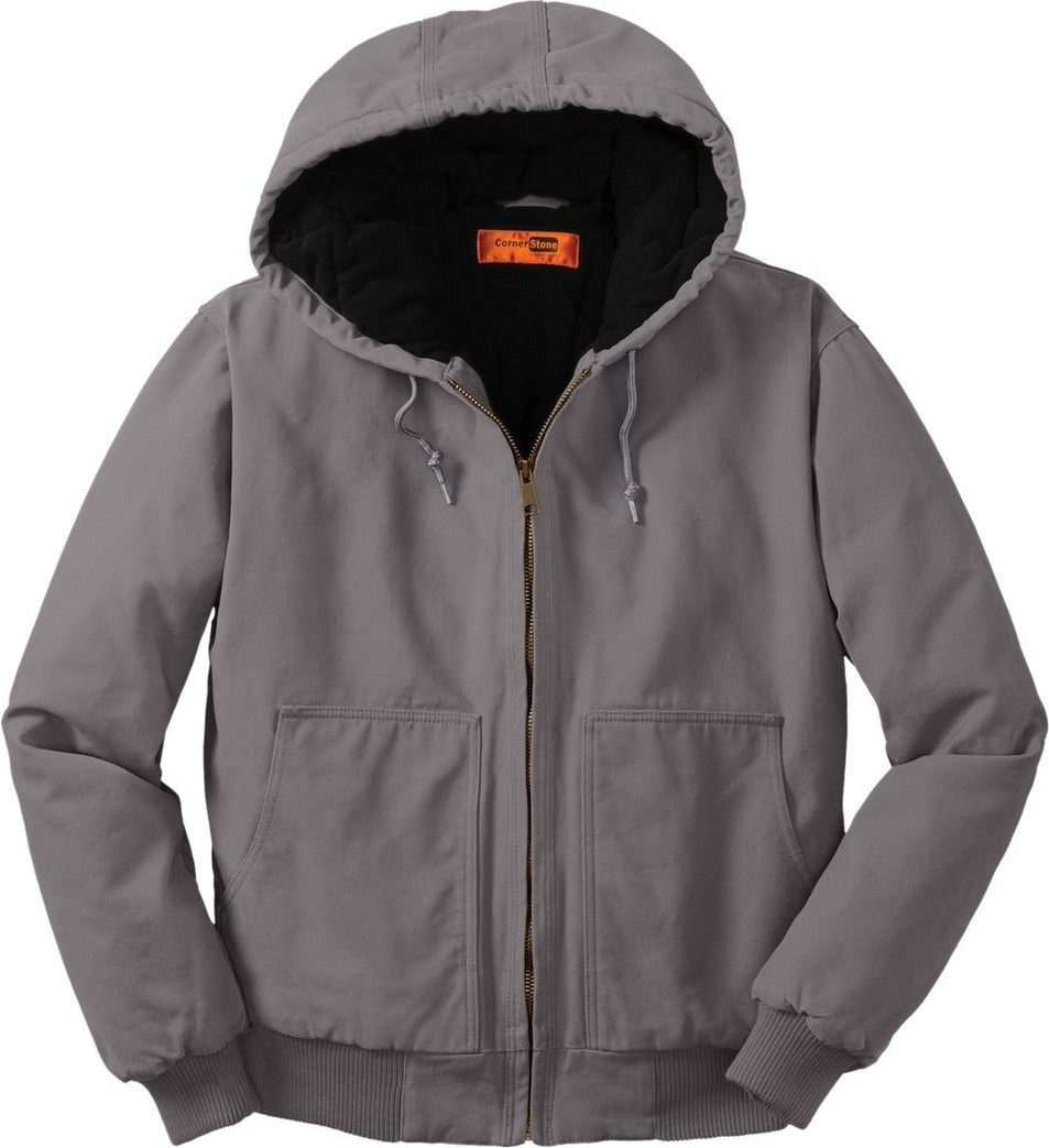 Front View of Metal Grey CornerStone Washed Duck Cloth Insulated Hooded Work Jacket. CSJ41