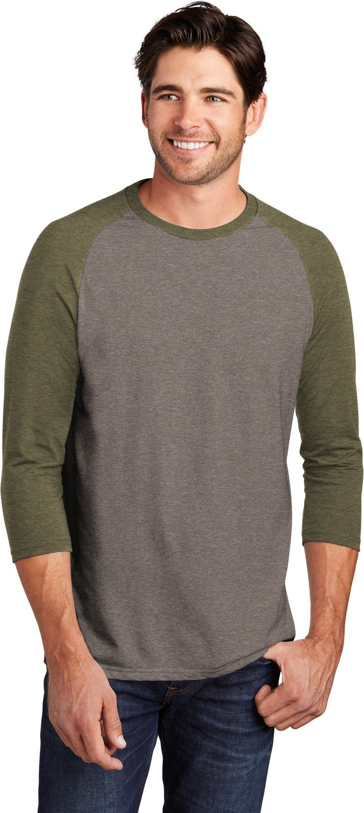 Front View of Mil Gn Fr/Gy F District Perfect Tri 3/4-Sleeve Raglan. DM136