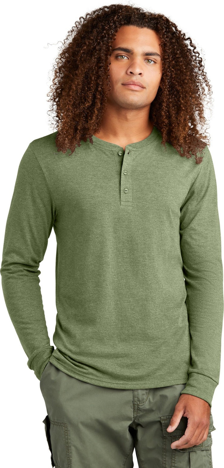 Front View of MilGrnFst District Perfect Tri Long Sleeve Henley DT145
