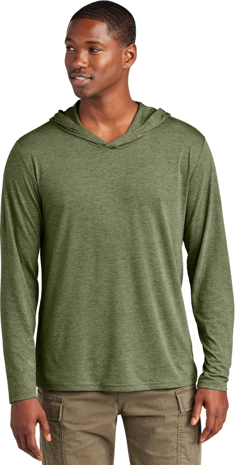 Front View of MilGrnFst District Perfect Tri Long Sleeve Hoodie. DM139