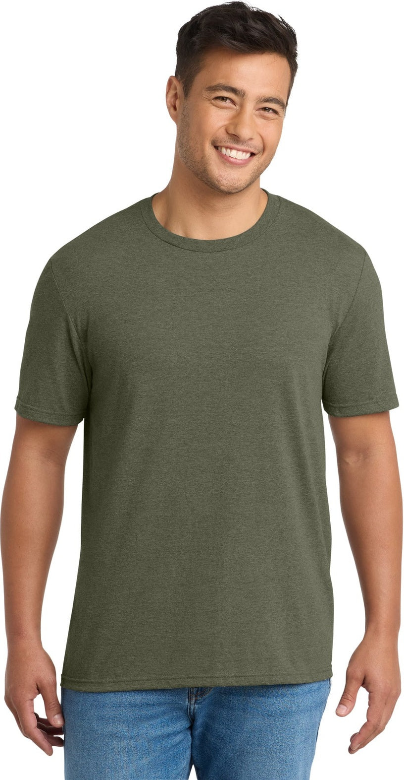 Front View of MilGrnHtr Port & Co Tri-Blend Tee. PC330