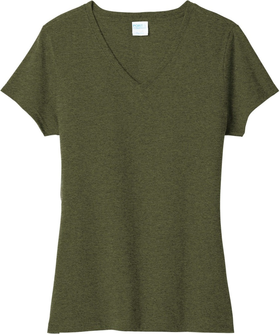 Front View of MilGrnHtr Port & Co Women's Tri-Blend V-Neck Tee. LPC330V