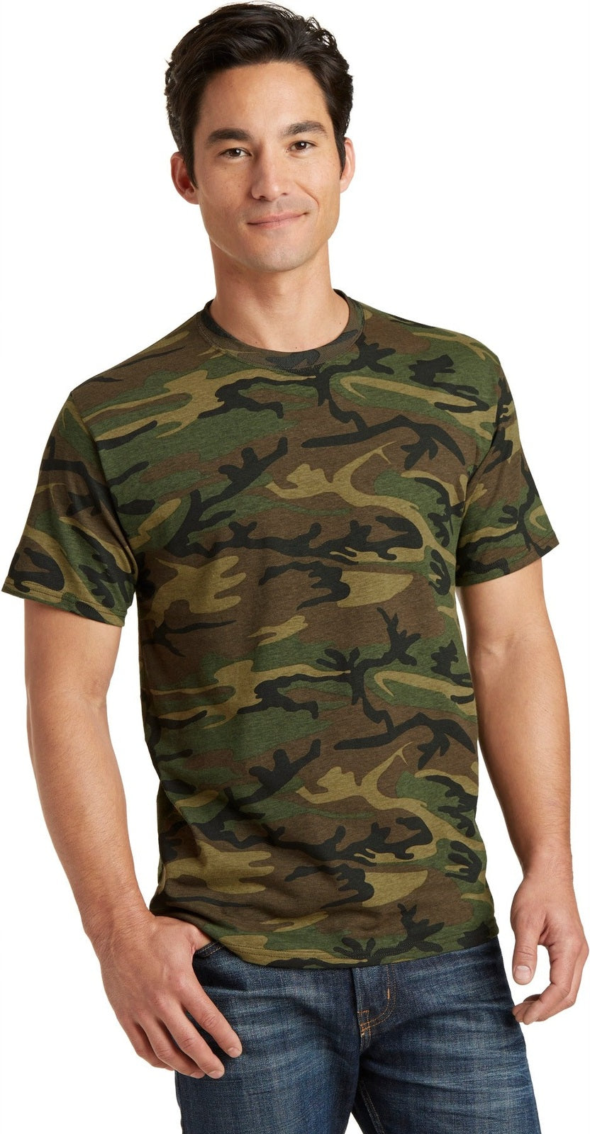 Front View of Military Camo Port & Co Core Cotton Camo Tee. PC54C