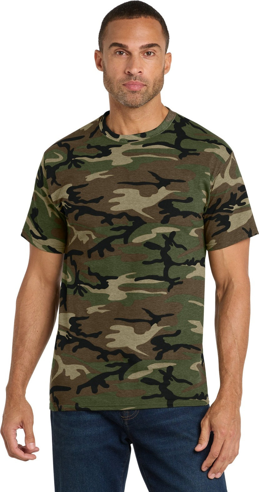 Front View of Military Camo Port & Co Core Cotton Camo Tee. PC54C
