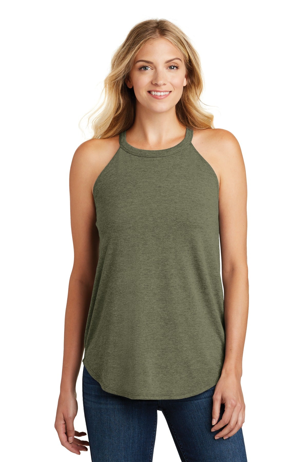 Front View of Military Gn Fr District Women's Perfect Tri Rocker Tank. DT137L