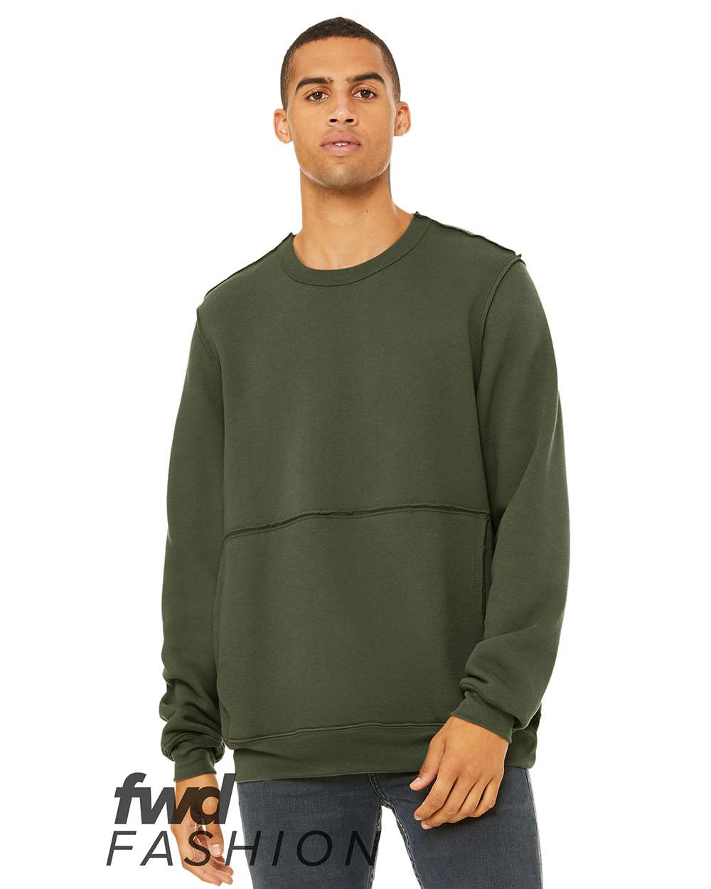 Front View of Military Green FWD Fashion Raw Seam Crewneck Sweatshirt - 3743