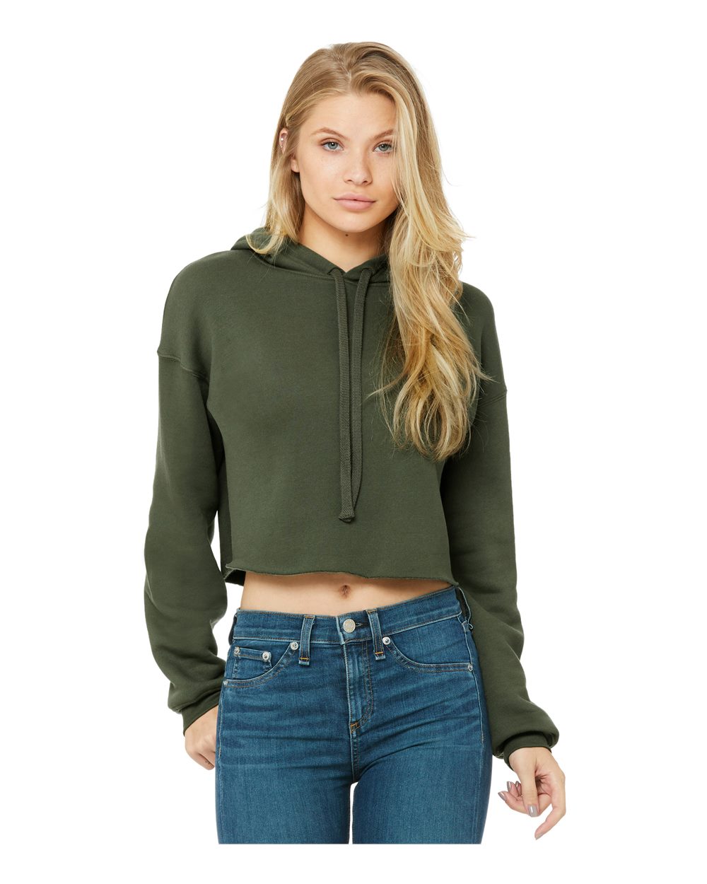 Front View of Military Green Women's Crop Fleece Hoodie - 7502
