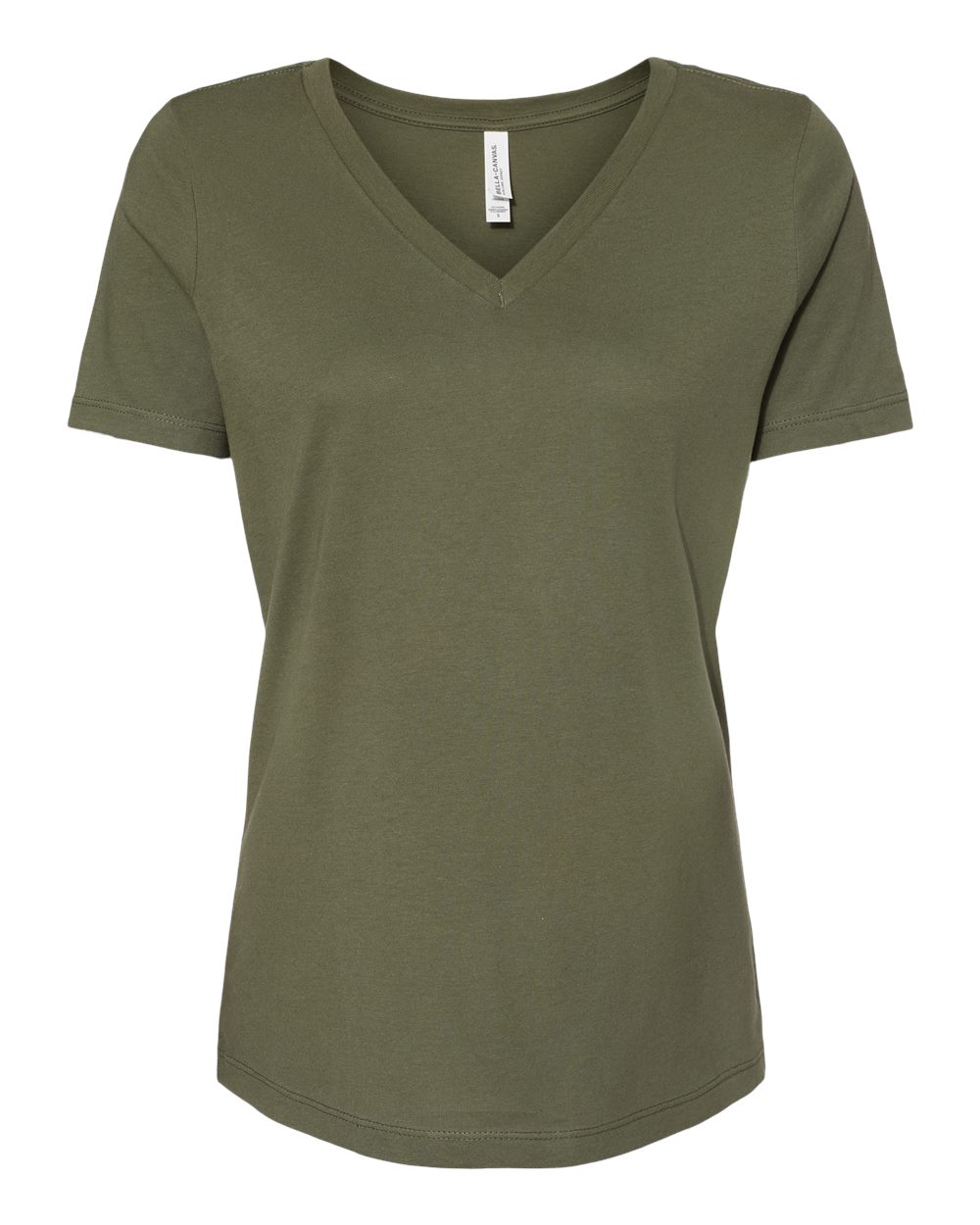 Front View of Military Green Women’s Relaxed Jersey V-Neck Tee - 6405