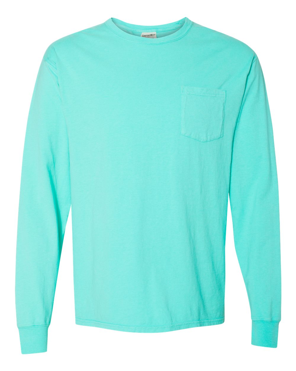 Front View of Mint Garment-Dyed Long Sleeve T-Shirt With a Pocket - GDH250