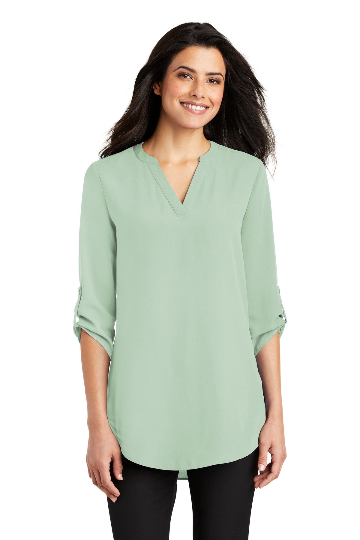 Front View of Misty Sage Port Authority Women's 3/4-Sleeve Tunic Blouse. LW701