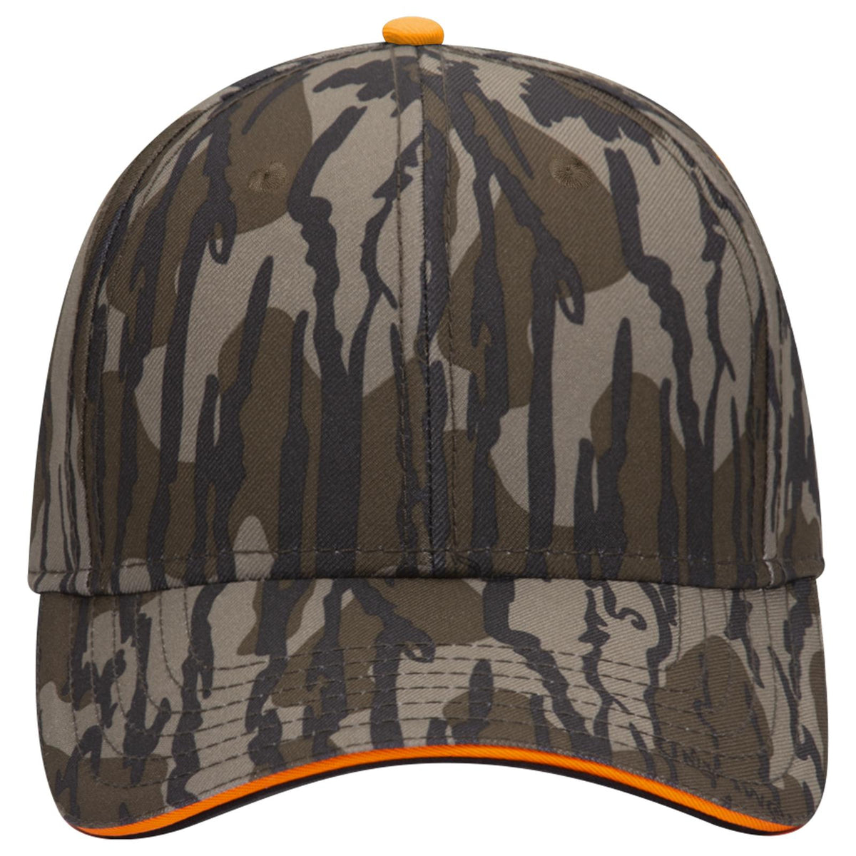 Front View of MO11 - Bottomland OTTO CAP Mossy Oak Camouflage Sandwich Visor 6 Panel Low Profile Baseball Cap
