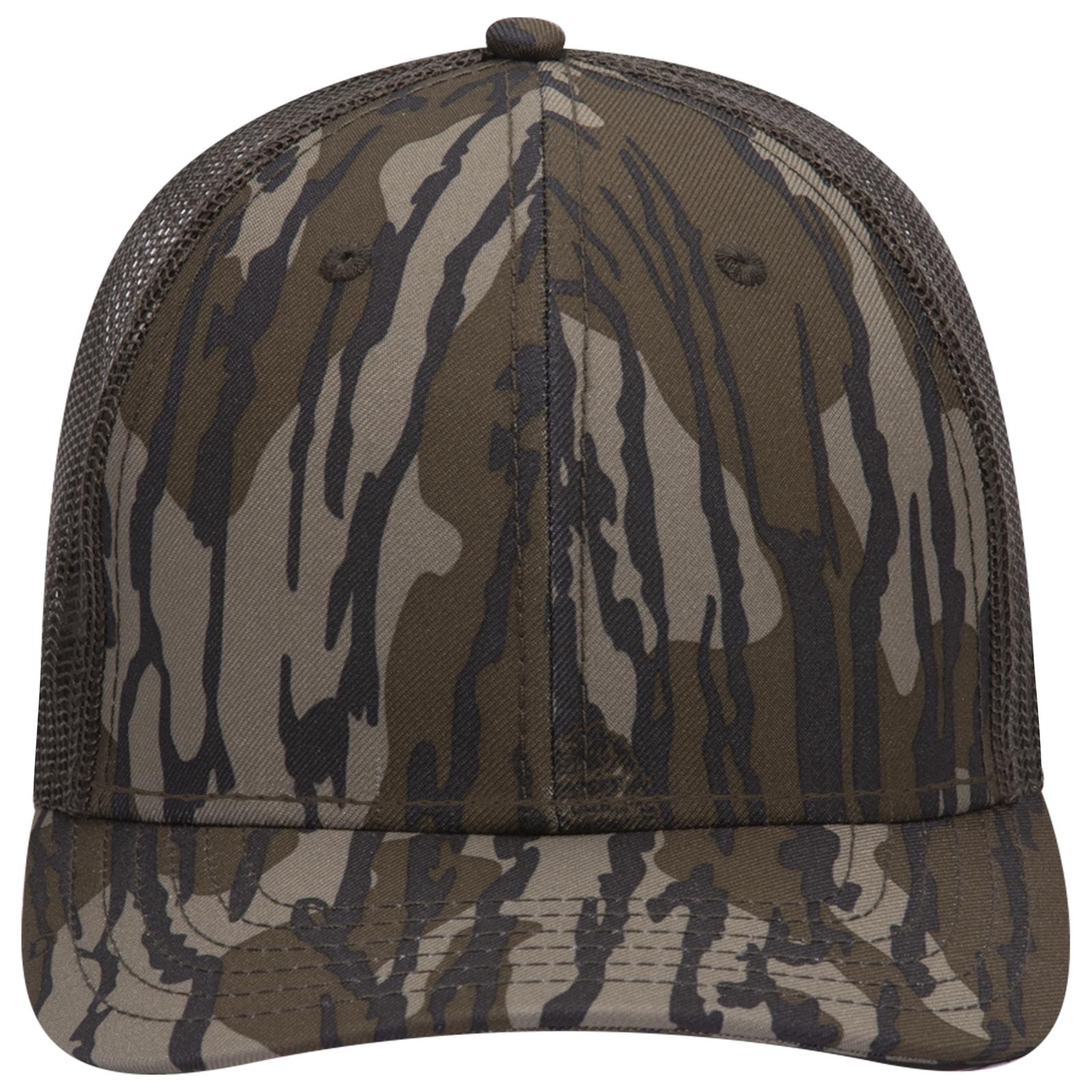 Front View of MO1146 - Bottomland/Dk.Ol. Grn OTTO CAP Mossy Oak Camouflage 6 Panel Low Profile Mesh Back Trucker Hat