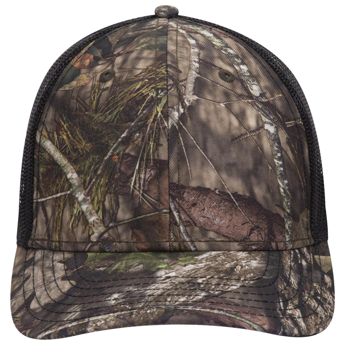 Front View of MO203 - Break Up Country/Blk OTTO CAP Mossy Oak Camouflage 6 Panel Low Profile Mesh Back Trucker Hat