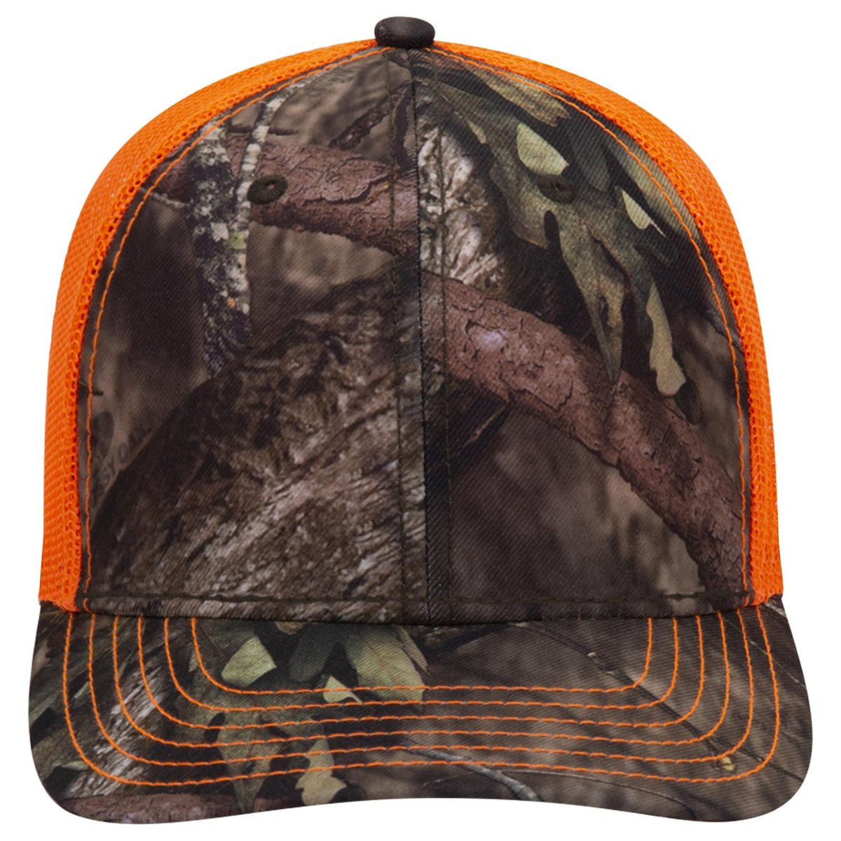 Front View of MO209 - Break Up Country/N.Org OTTO CAP Mossy Oak Camouflage 6 Panel Low Profile Mesh Back Trucker Hat