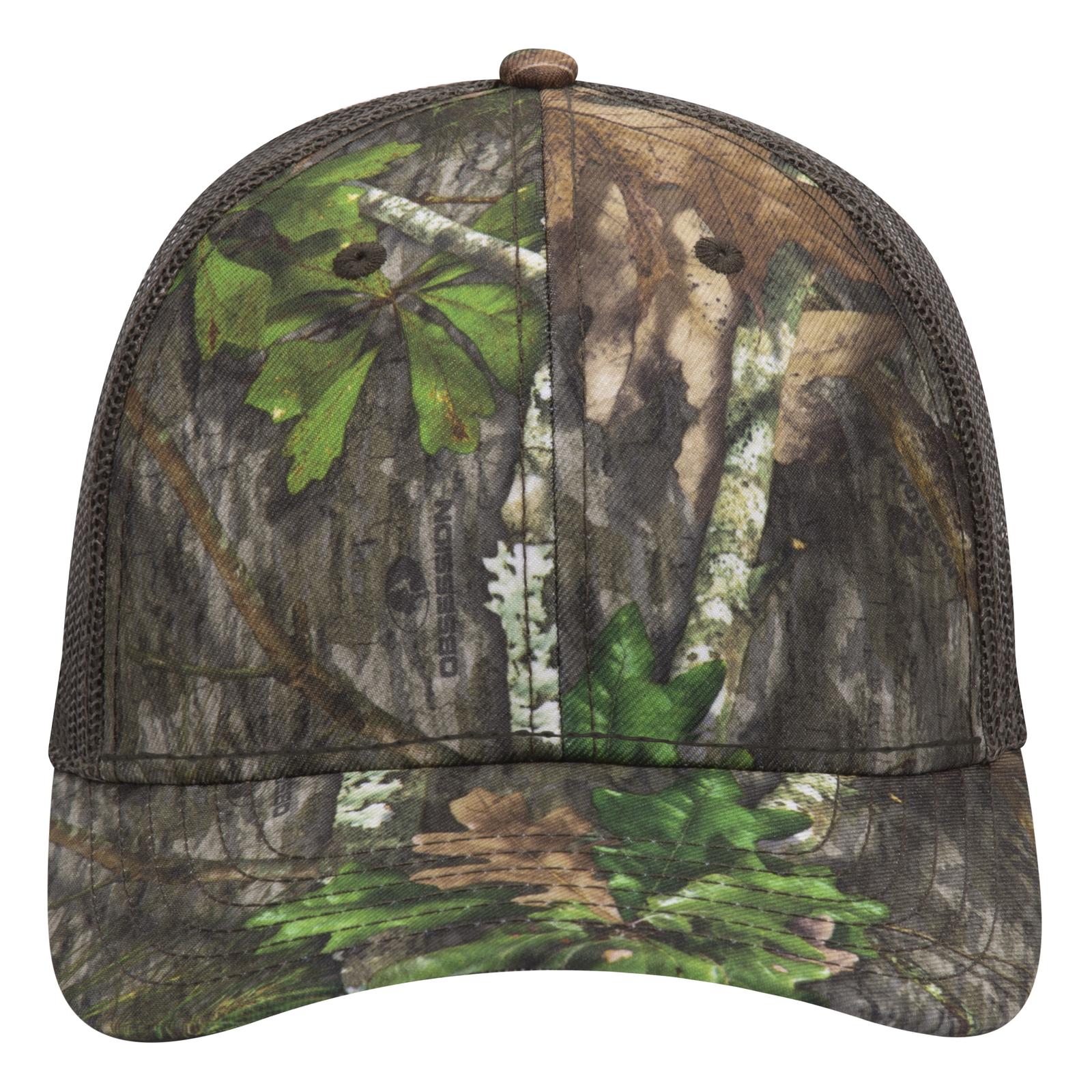 Front View of MO346 - Obsession/Dk.Ol.Grn OTTO CAP Mossy Oak Camouflage 6 Panel Low Profile Mesh Back Trucker Hat