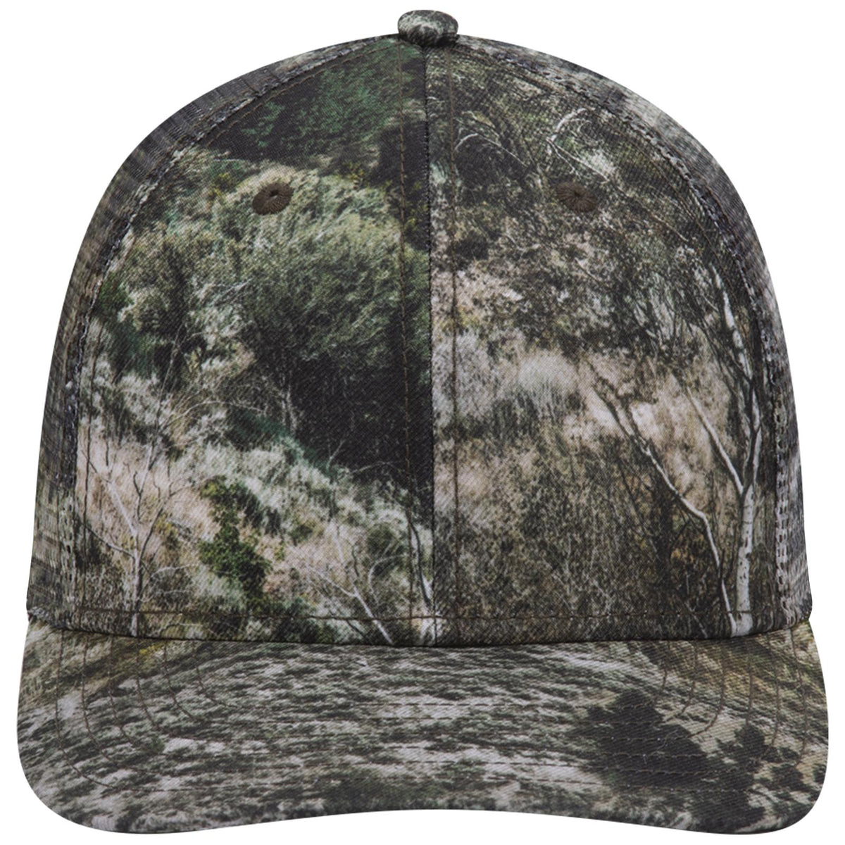 Front View of MO5 - Mountain Country Range OTTO CAP Mossy Oak Camouflage Superior Polyester Twill 6 Panel Low Profile Mesh Back Trucker Hat