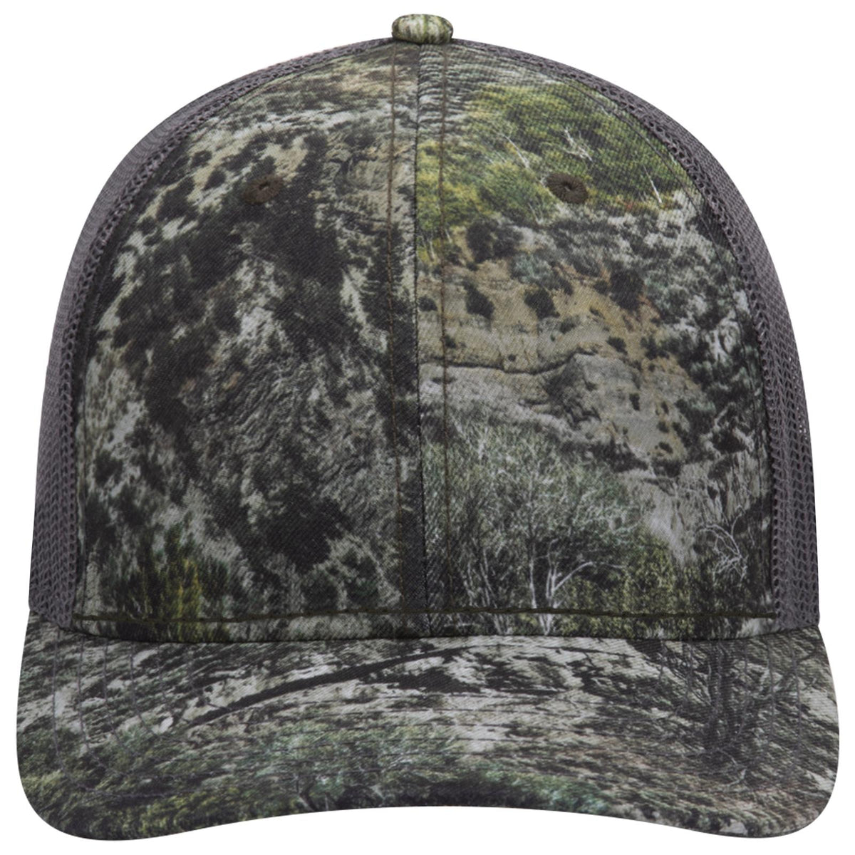 Front View of MO525 - Mountain Country Range/Ch.Gry OTTO CAP Mossy Oak Camouflage 6 Panel Low Profile Mesh Back Trucker Hat