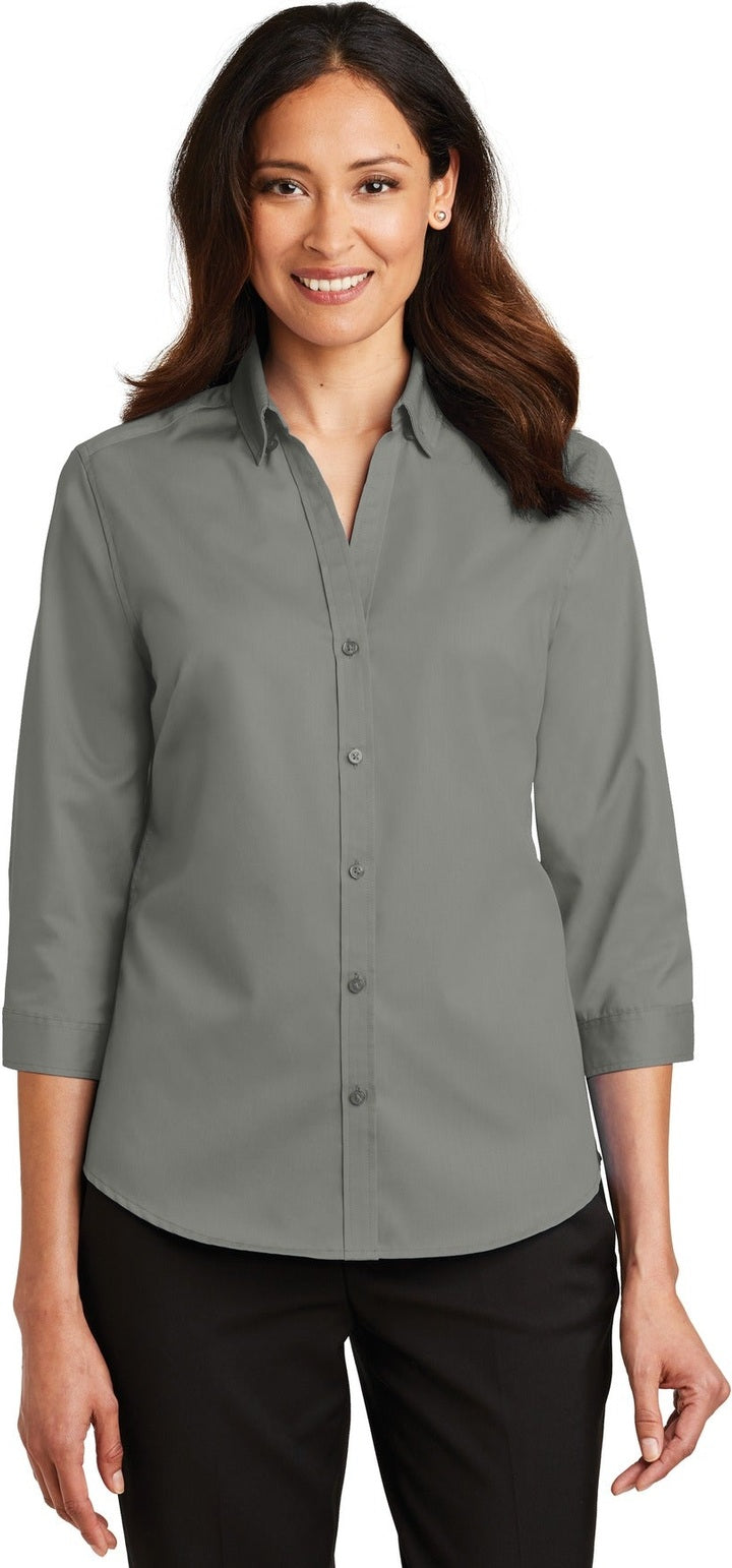 Front View of Monument Grey Port Authority Women's 3/4-Sleeve SuperPro Twill Shirt. L665