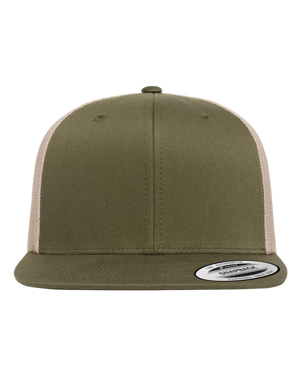 Front View of Moss Green/ Khaki Retro High Profile Trucker Cap - 6609