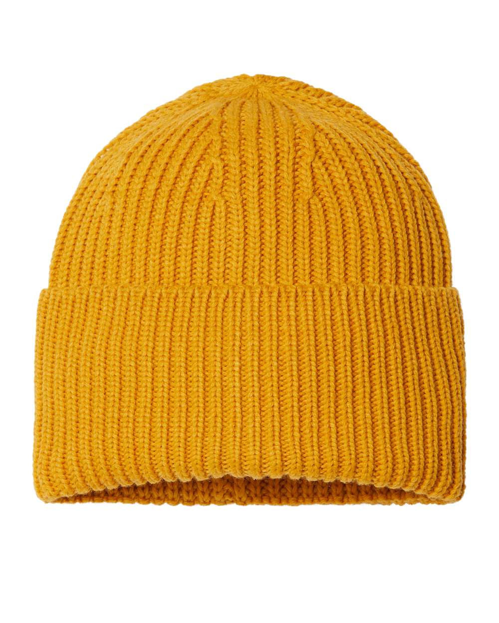 Front View of Mustard Yellow Sustainable Chunky Rib Cuffed Beanie - OAK