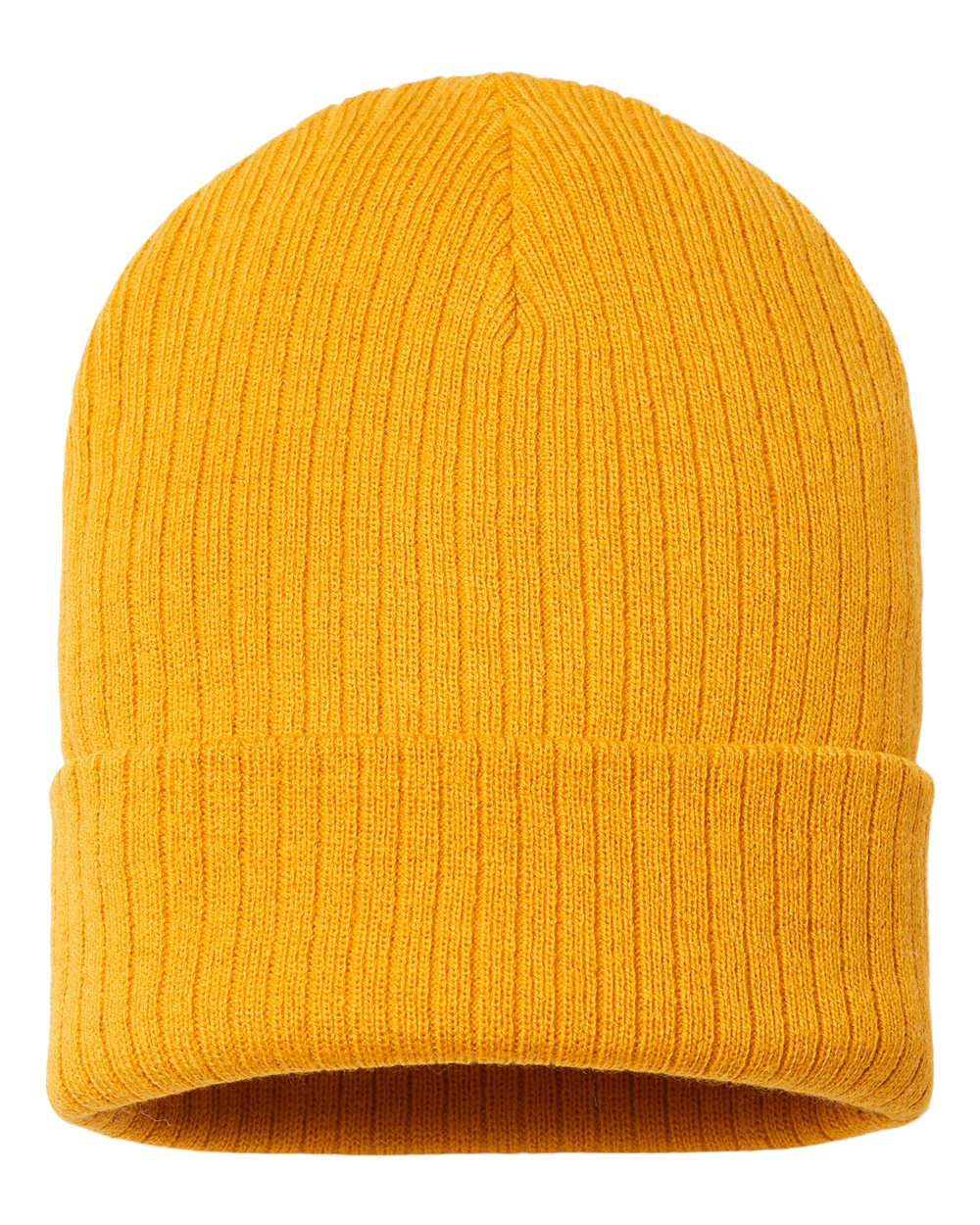 Front View of Mustard Yellow Sustainable Rib Cuffed Beanie - RIO