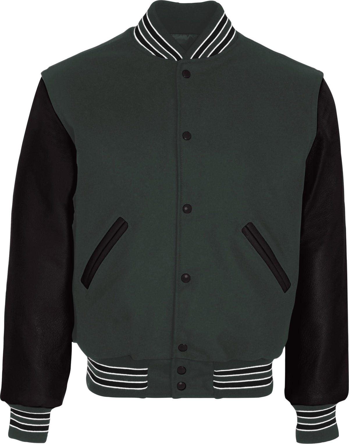 Front View of MYRTLE/BLACK/WHITE VARSITY WOOL JACKET