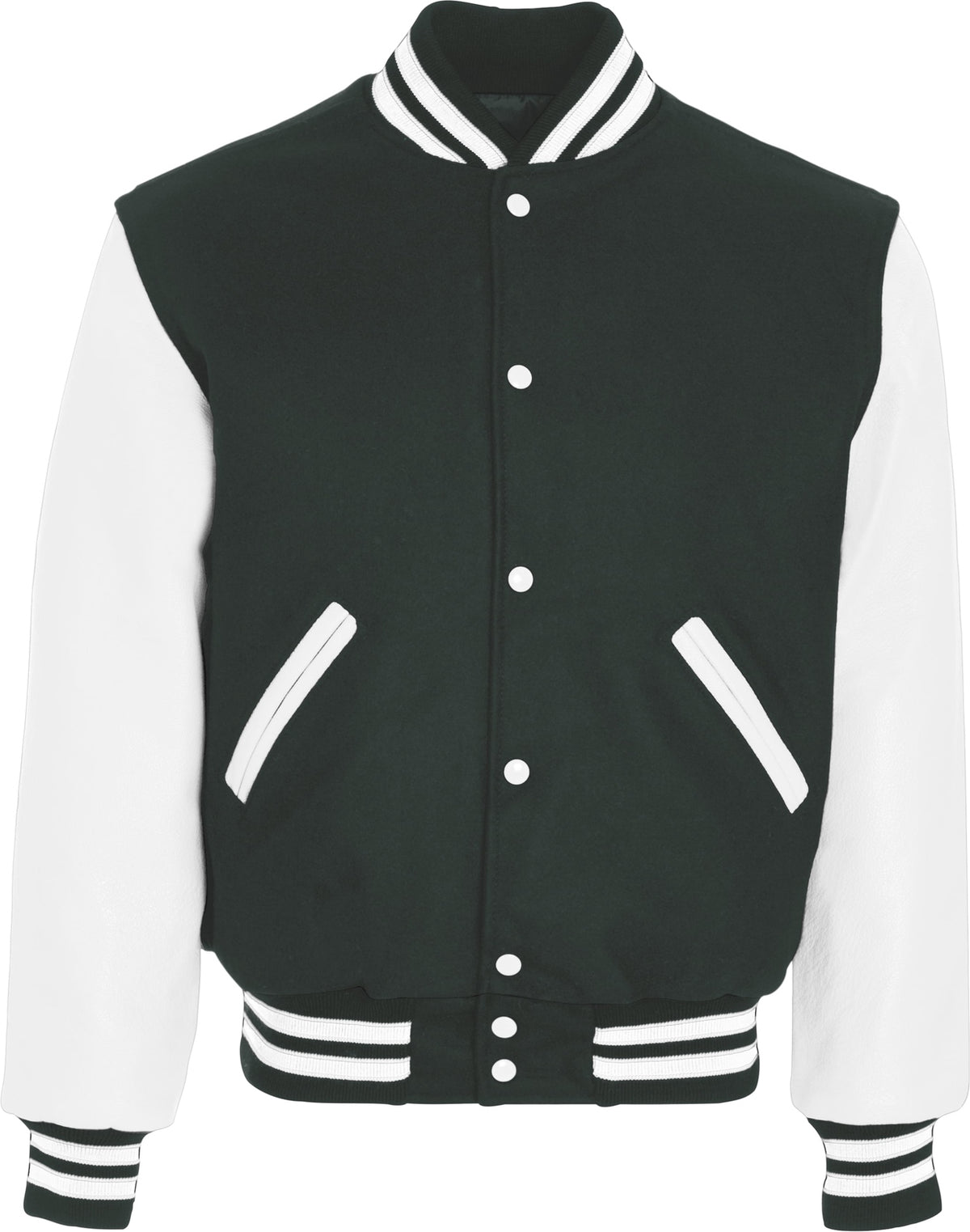 Front View of MYRTLE/WHITE VARSITY WOOL JACKET