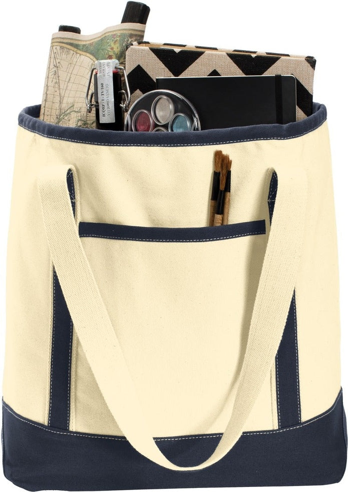 Front View of Nat/Navy Port Authority Large Cotton Canvas Tote. BG413