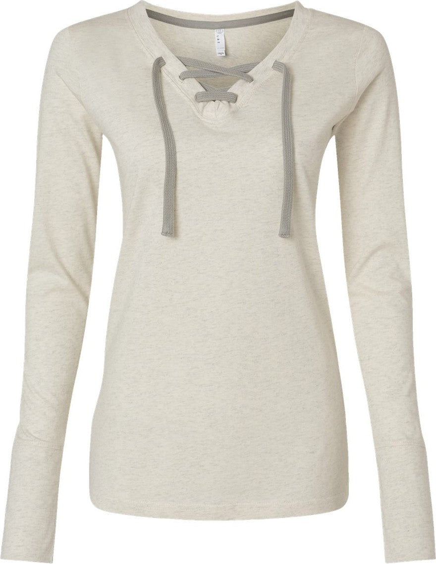 Front View of Natural Heather/ Titanium Women's Fine Jersey Lace-Up Long Sleeve T-Shirt - 3538
