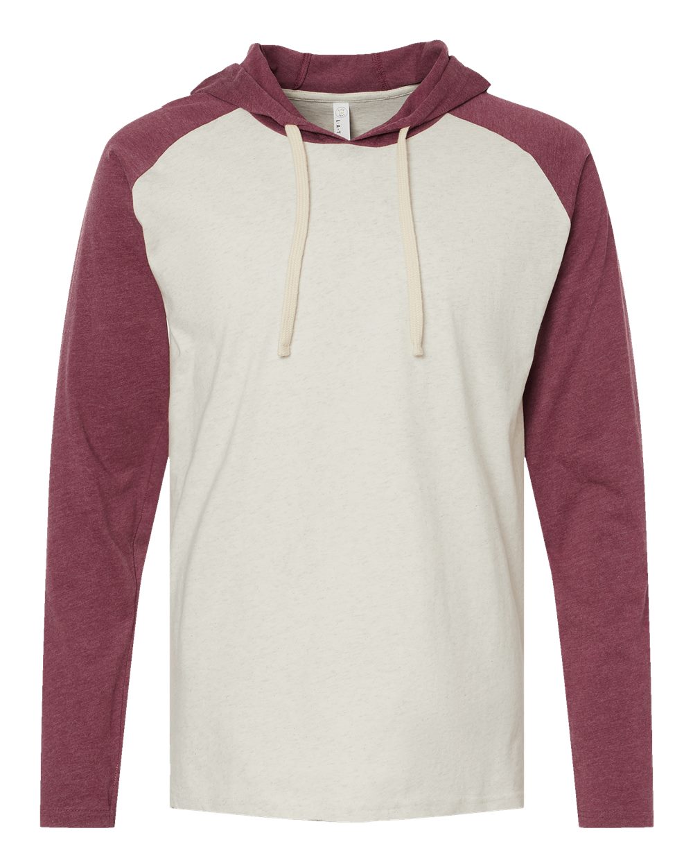 Front View of Natural Heather/ Vintage Burgundy/ Natural Fine Jersey Hooded Long Sleeve Raglan T-Shirt - 6917