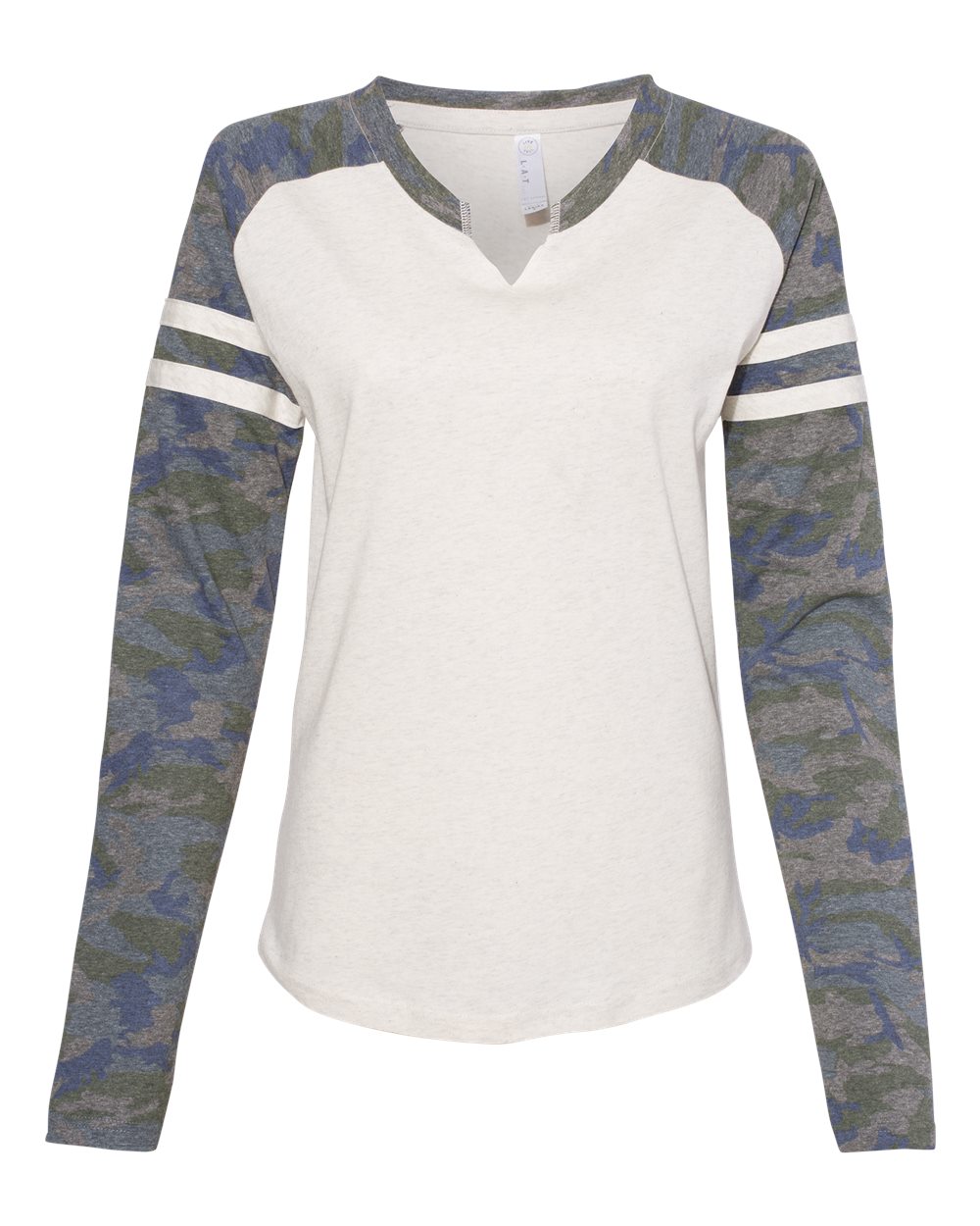 Front View of Natural Heather/ Vintage Camo/ Natural Heather Women's Fine Jersey Mash Up Long Sleeve T-Shirt - 3534