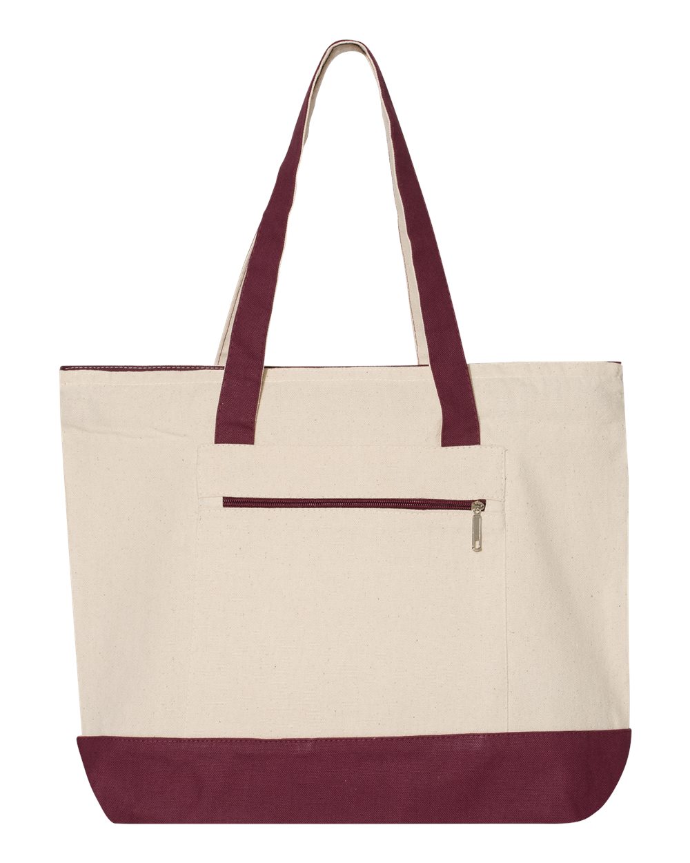 Front View of Natural/ Maroon 19L Zippered Tote - Q1300
