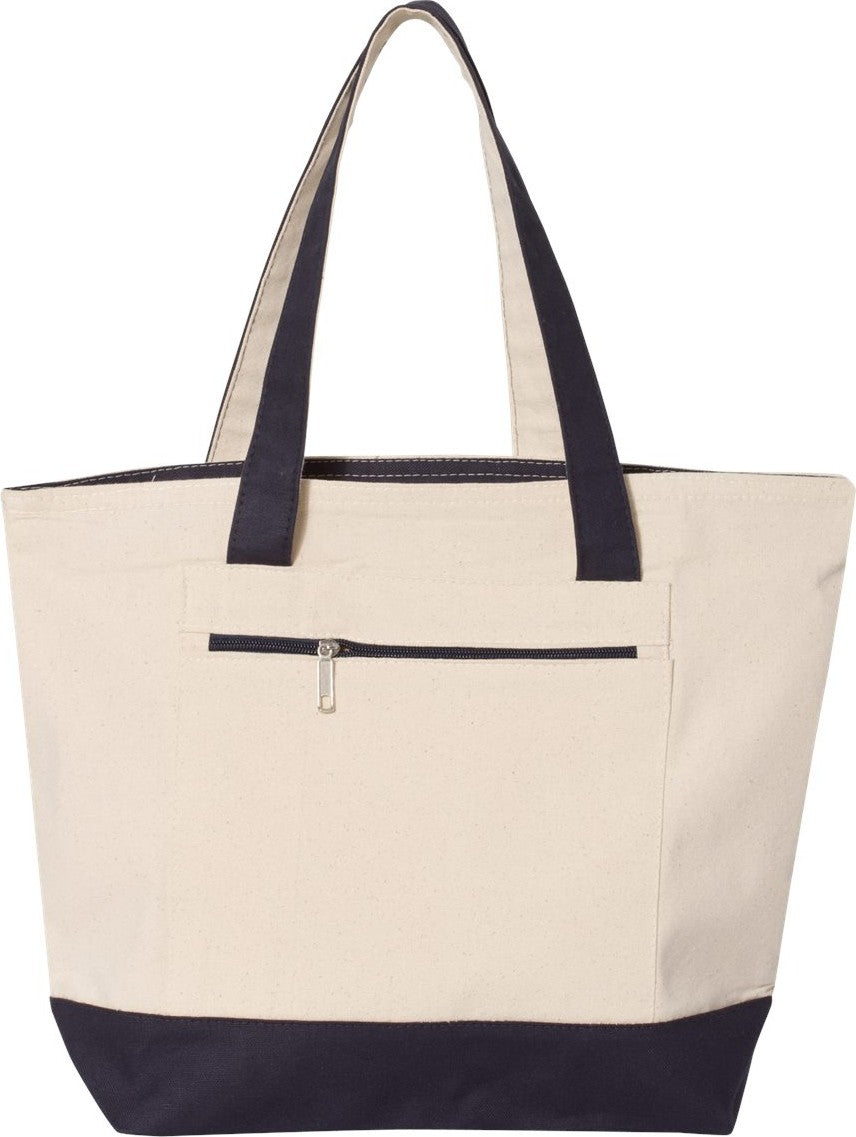 Front View of Natural/ Navy 19L Zippered Tote - Q1300