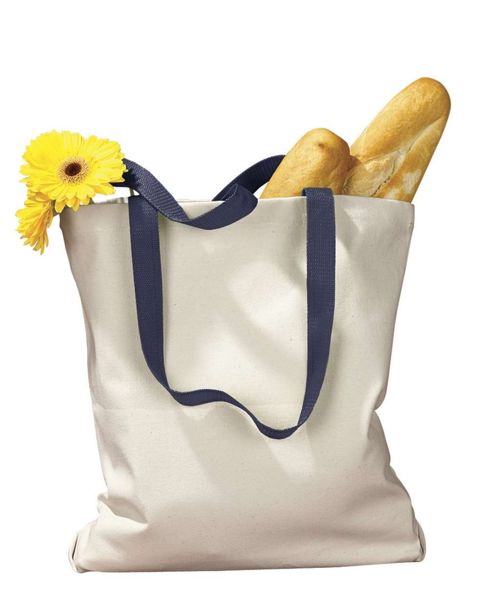 Front View of Natural/ Navy Canvas Tote with Contrast-Color Handles - BE010