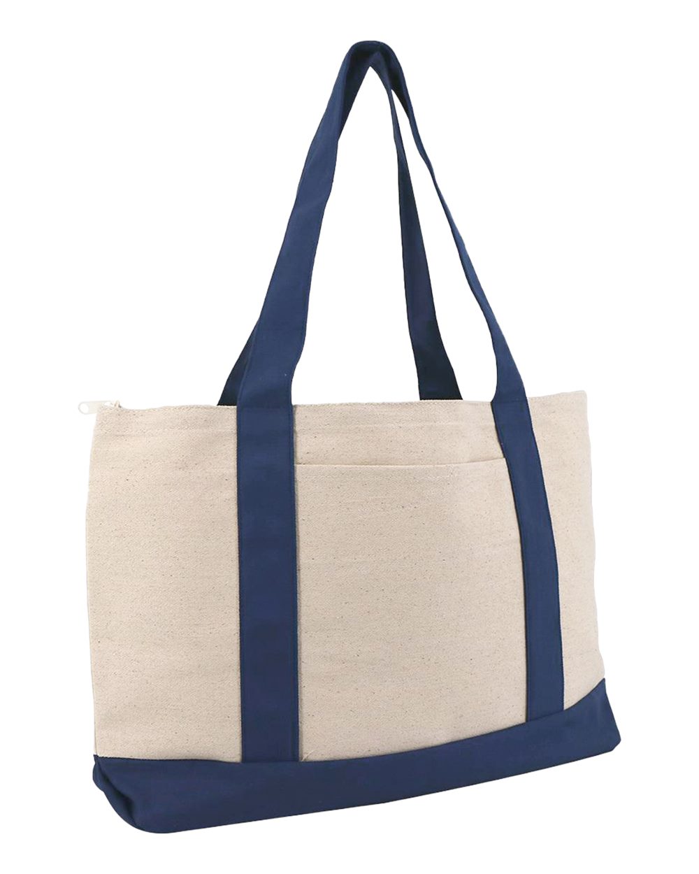 Front View of Natural/ Navy Large Zippered Cotton Canvas Tote - 8862