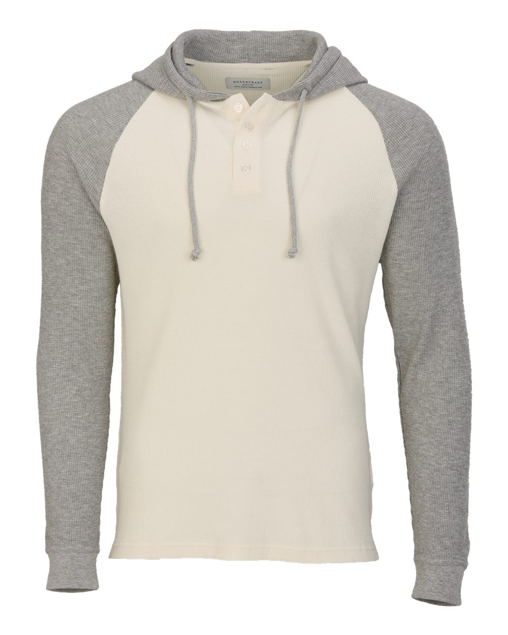 Front View of Natural/ Oxford Heather Unisex Waffle Knit Pullover Hooded Long Sleeve T-Shirt - BM3702